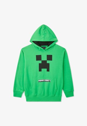 Felpa verde in cotone con un grafico della faccia di un Creeper nera sulla parte anteriore, tasca a marsupio e cappuccio abbinato.