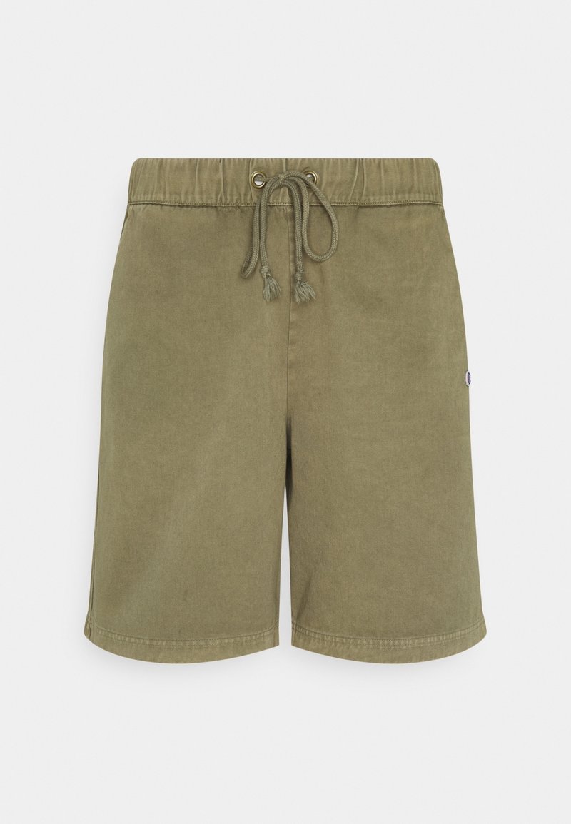 Pantalones cortos de color verde oliva fabricados en tejido suave, con cintura ajustable mediante cordón y dos ojales, y un pequeño logo de la marca en el lado.