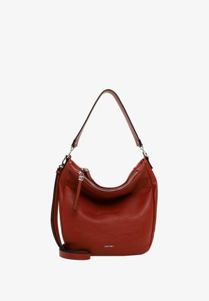 Rode leren handtas met een hobo-vorm, bovenaanrits, afneembare schouderband en zilveren accenten. Gladde textuur, minimalistisch ontwerp.
