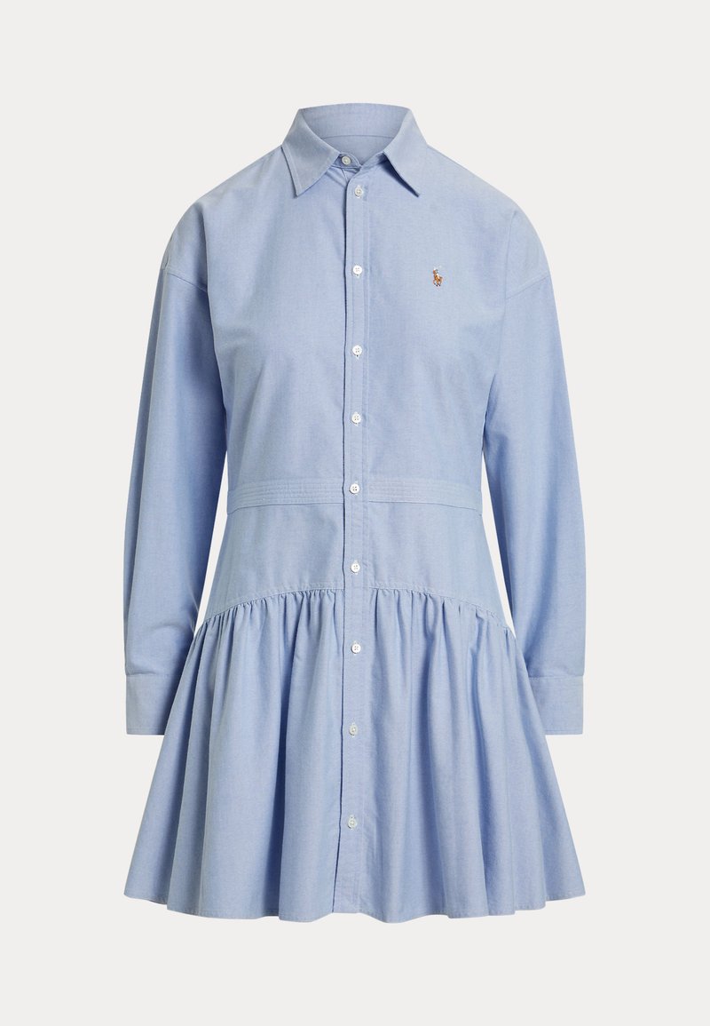 Light blue long-sleeve shirt dress with button front, collar, gathered skirt hem, and small embroidered logo on the chest.