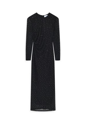 Schwarzes langärmliges Kleid mit Raffung und verstreuten silbernen Pailletten, ausgestattet mit einem runden Ausschnitt und einer eleganten Silhouette.