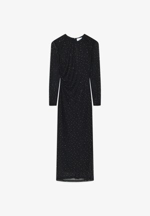 Schwarzes langärmliges Kleid mit Raffung und verstreuten silbernen Pailletten, ausgestattet mit einem runden Ausschnitt und einer eleganten Silhouette.