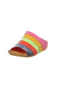Multicolored slide sandal made of leather with stripes in pink, yellow, green, orange, and navy. Cork sole; open toe design.