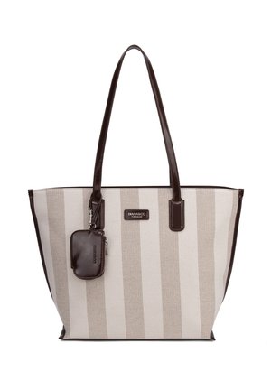 Borsa a tracolla a righe verticali beige e bianche con manici in pelle marrone scuro e pochette piccola attaccata, etichettata Diana & Co Firenze.