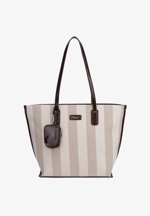 Borsa a tracolla a righe verticali beige e bianche con manici in pelle marrone scuro e pochette piccola attaccata, etichettata Diana & Co Firenze.