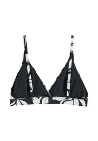 Svart och vit triangeltopp i bikini med ett blommönster, justerbara remmar och en spänneknäppning på ryggen. Mjuk tygtextur.