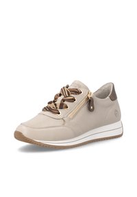 Baskets en cuir beige avec des lacets rayés marron et beige, fermeture éclair dorée sur le côté, semelle blanche et semelle extérieure en caoutchouc marron.