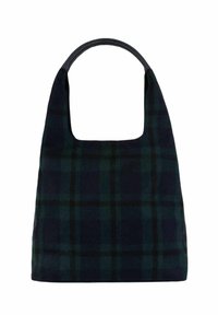 Tote bag in donkergroen geruite stof. Heeft een brede, vierkante opening; zachte textuur; en een afgeronde handgreep. Geen hardwaredetails zichtbaar.