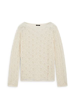 Maglione a maniche lunghe color crema con motivo lavorato a maglia aperta e scollo rotondo, steso su sfondo bianco.