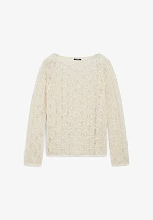 Pull à manches longues couleur crème avec un motif en dentelle ajourée complexe et un col rond, posé à plat sur fond blanc.