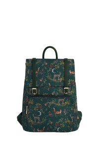 Zeleni ruksak s uzorkom flore i faune, s dva podešiva remena, ručkom na vrhu i prednjim džepom s patentnim zatvaračem.