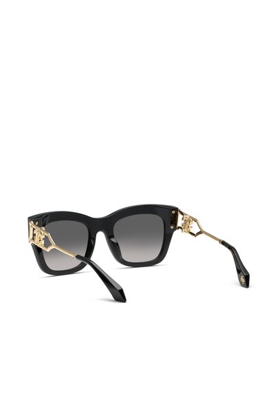 Lunettes de soleil à monture carrée noire avec branches décoratives dorées et verres teintés dégradés, présentées sur fond blanc.