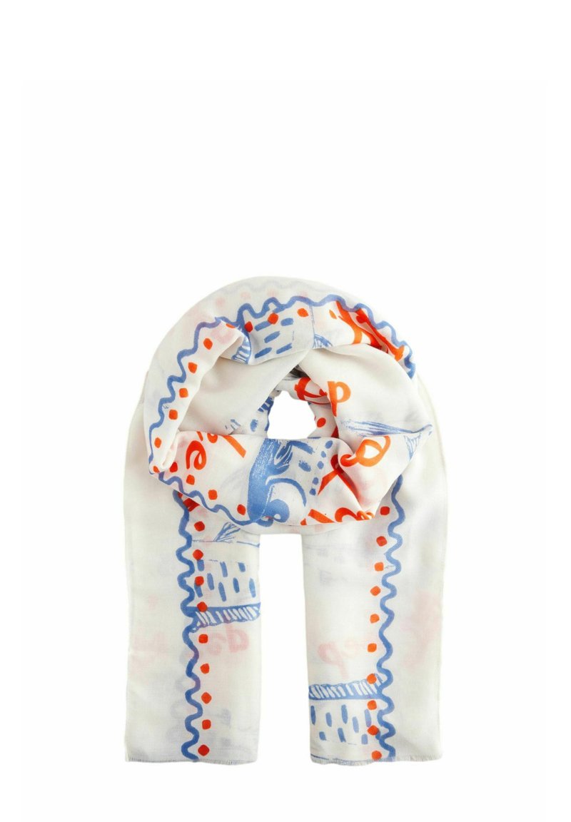 Weißer Schal mit blauen und orangefarbenen abstrakten Mustern. Die Ränder zeigen ein wellenförmiges Design mit kontrastierenden Punkten und Linien, die Textur und visuelles Interesse erzeugen.