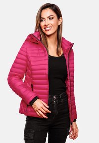 Pink padded jacket with a hood, featuring a zip closure, ribbed cuffs, and side pockets. Smooth texture and modern design.