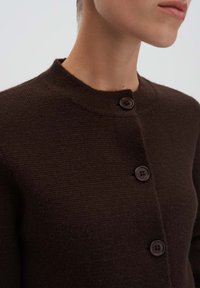 Close-up of a person wearing a dark brown knit cardigan with three dark buttons, showing neck, chin, and part of lips.