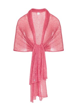 Różowy, dziergany szal o otwartym splocie, z szerokim kołnierzem, stylizowany przez zawiązanie z przodu, wykonany z lekkiej, prześwitującej przędzy.