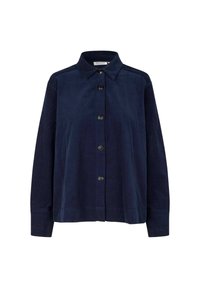 Camicia in corduroy blu navy con colletto, maniche lunghe e bottoni neri lungo la parte anteriore, caratterizzata da una vestibilità comoda.