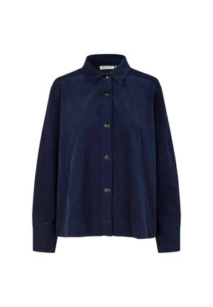 Marineblauwe corduroy shirt met een kraag, lange mouwen en zwarte knoopsluitingen aan de voorkant, met een ontspannen pasvorm.