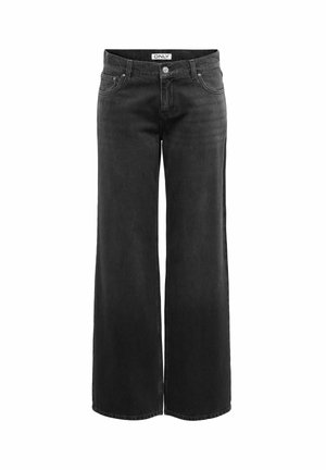 Jean noir taille haute à jambes larges avec bouton et fermeture éclair devant, passants pour ceinture, poches avant et arrière.