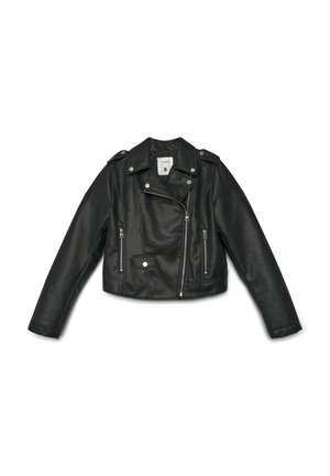 Giacca da motociclista corta in pelle nera con chiusura a zip, spalline e dettagli in argento. Include tasche frontali con zip e bottoni a pressione.