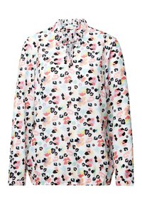 Langsleeve blouse met een hoge ruches-halslijn, voorzien van een kleurrijk bloemenpatroon op een lichte achtergrond in tinten van roze, groen en zwart.