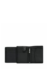 Czarny skórzany portfel z wieloma przegródkami na karty, kieszonką na zamek błyskawiczny i zapięciem na zatrzask. Gładka tekstura i prosty design.