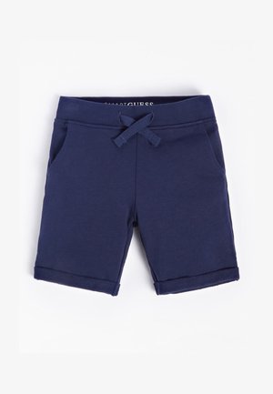 Granatowe szorty dla malucha z elastycznym paskiem w talii, regulowanym sznurkiem, bocznymi kieszeniami i podwiniętymi brzegami.