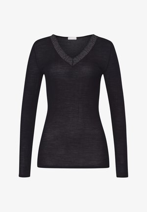 Czarny top z długim rękawem i dekoltem w serek, z fakturowanym koronkowym wykończeniem wokół kołnierza oraz dopasowanym, prążkowanym krojem.