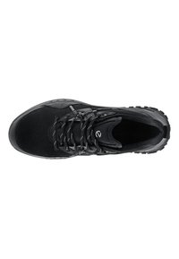 Black hiking shoe featuring a suede upper, mesh panels, sturdy black laces, and a textured outsole for grip. Simple design with no visible logos.