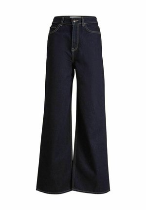 Jean en denim foncé à jambe large et taille haute, avec des coutures jaunes contrastantes et un design épuré et structuré.