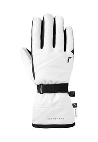 Weißer Softshell-Handschuh mit schwarzen Akzenten, gepolstertem Design, verstellbarem Handgelenkriemen und sichtbarem Branding am Bündchen.