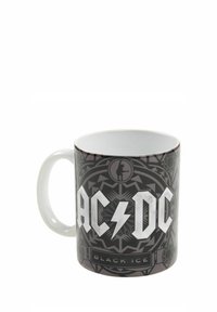 Tazza in ceramica nera con la scritta "AC/DC" in grandi lettere bianche e "BLACK ICE" sotto, con uno sfondo a motivo scuro intricato e una finitura lucida.