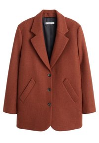 Manteau en mélange de laine couleur rouille avec col à revers, boutons sur le devant, deux poches latérales et doublure intérieure lisse.