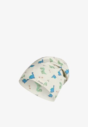 White baby beanie hat with blue and green dinosaur prints and a small beige label with brand name.