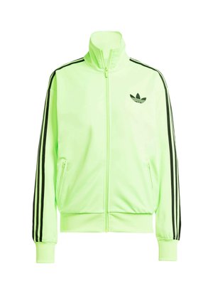 Neon green zip-up jacket made of smooth fabric featuring black side stripes, ribbed cuffs, and an Adidas logo on the left chest.