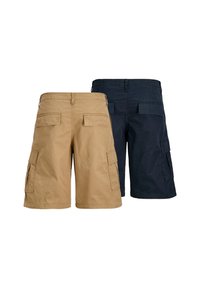 Khaki- und marineblaue Cargo-Shorts aus Baumwolle, knielang, mit mehreren Taschen, entspannter Schnitt, schlichtes Design ohne Muster oder Verzierungen.