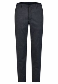 Donkergrijze op maat gemaakte broek van gestructureerde stof, met een vlakke voorkant, riemlussen en een enkele knoopsluiting bij de taille.