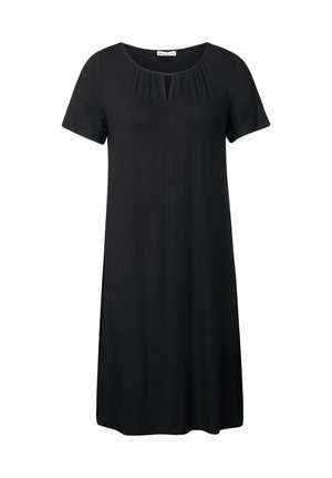 Vestito nero a maniche corte con scollo rotondo e sottile dettaglio plissettato sul davanti, caratterizzato da una forma ampia a trapezio e da una texture del tessuto liscia.