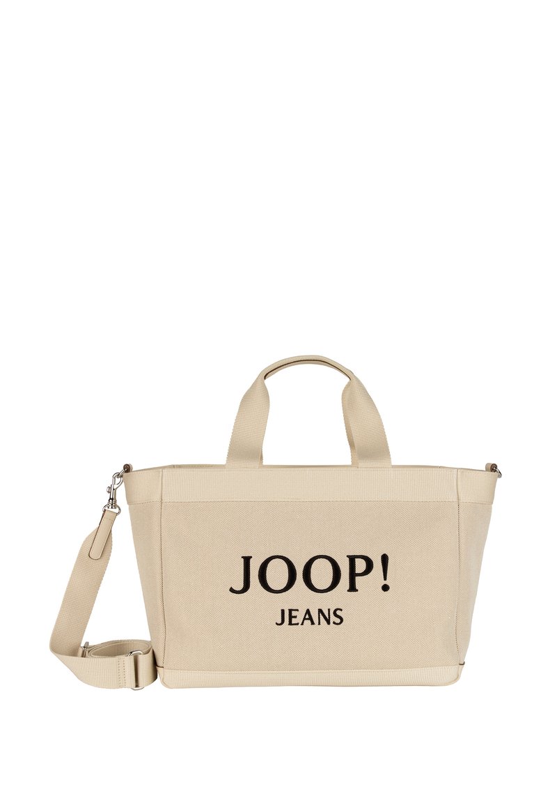 Beżowa torba na ramię z płótna z dwoma górnymi uchwytami i regulowanym paskiem na ramię. Na przodzie czarne logo "JOOP! JEANS". Zapięcie na zamek.