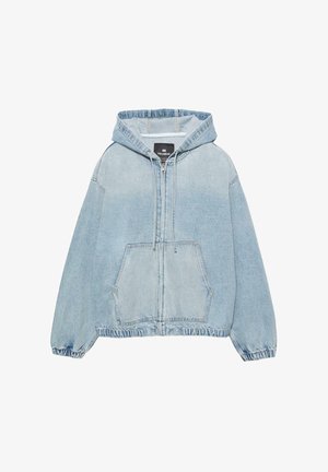 Lichtblauwe denim hoodie met een rits aan de voorkant, grote kangoeroe-pocket, elastische manchetten en een relaxte pasvorm. Zacht, textuurachtig materiaal.