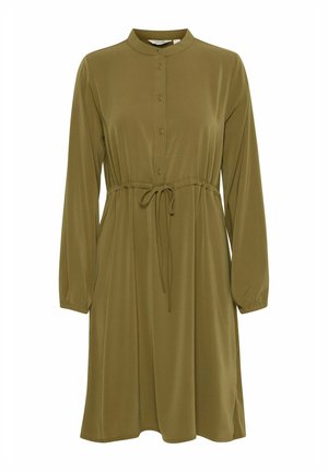 Olijfgroene button-up jurk met een mandarin kraag, lange mouwen, aansluitende taille met een trekkoord en soepel, lichtgewicht materiaal.