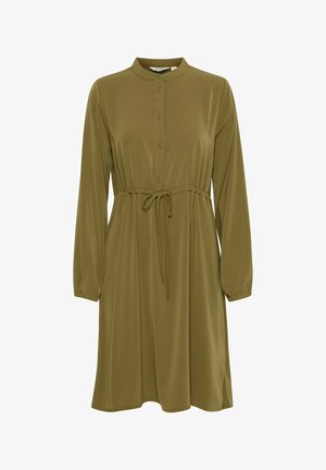 Olijfgroene button-up jurk met een mandarin kraag, lange mouwen, aansluitende taille met een trekkoord en soepel, lichtgewicht materiaal.