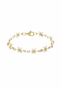 Gouden schakelarmband met kleine witte en gele madeliefjes, voorzien van een kreeftsluiting en een schakeldesign.