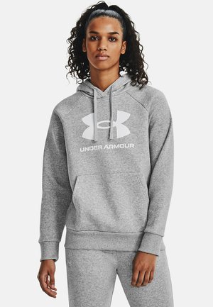 Grauer Kapuzenpullover aus weichem Material, mit großem weißen Under Armour-Logo und Fronttasche. Raglanärmel und gerippte Bündchen.