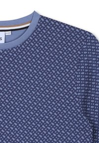 Sweat-shirt bleu à motifs avec un col rond et des manches courtes, arborant un design en losange dans des tons de bleu clair sur un tissu texturé.