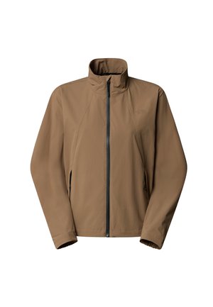 Lichtbruine zip-up jas met hoge kraag, lange mouwen en ritszakken aan de zijkant, weergegeven tegen een witte achtergrond.