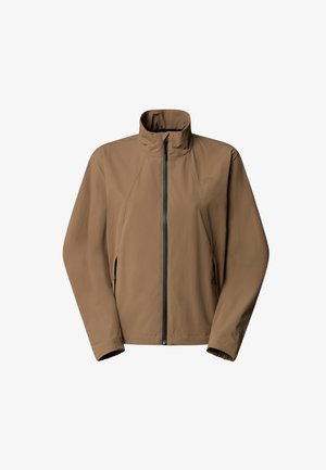 Light brown zip-up jacket with high collar, long sleeves, and zippered side pockets, displayed on a white background.