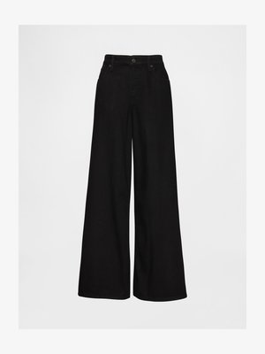 Schwarze Jeans im Weitschnitt mit hoher Taille, ausgestattet mit Fronttaschen und einem Knopfverschluss. Der Stoff hat eine glatte, einheitliche Textur.