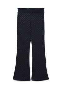 Pantaloni a zampa d'elefante blu navy con una superficie liscia, caratterizzati da un motivo a pois in azzurro chiaro e bianco, e una cintura larga e elastica.