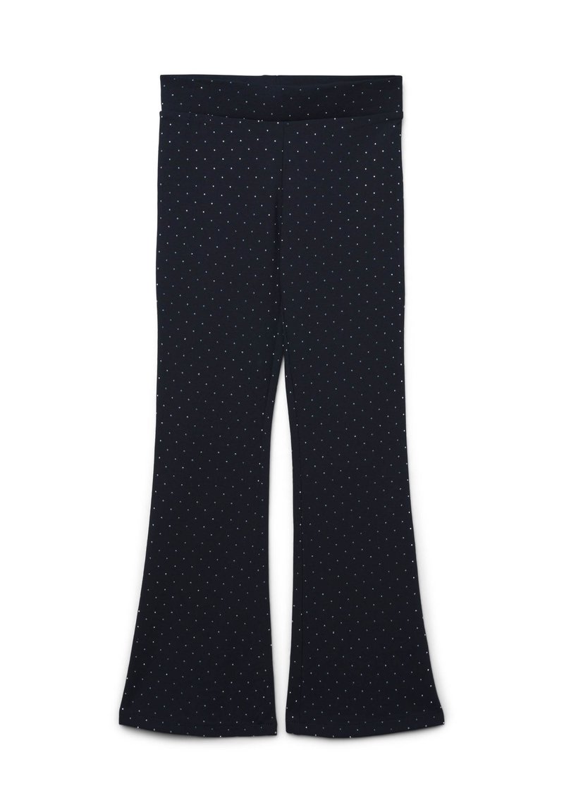Pantaloni a zampa d'elefante blu navy con una superficie liscia, caratterizzati da un motivo a pois in azzurro chiaro e bianco, e una cintura larga e elastica.